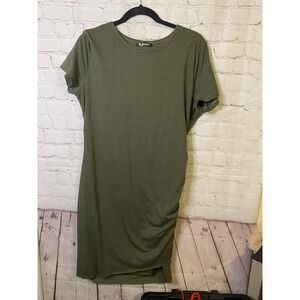 Women's Large Green‎ Ruched Dress Midi Short Sleeve Blend Casual